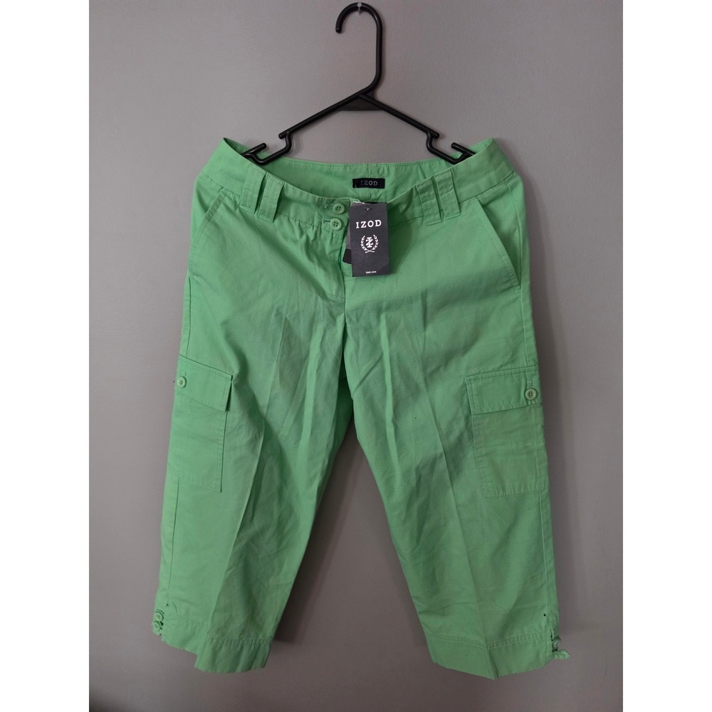 IZOD Womens Green Cargo Capri Pants Size 2 Cotton Cropped Utility Trousers NWT